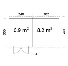 Grundrisszeichnung eines Gartenhauses mit den Maßen 300 mal 554 Zentimeter und einer Fläche von 6,9 Quadratmetern und 8,2 Quadratmetern