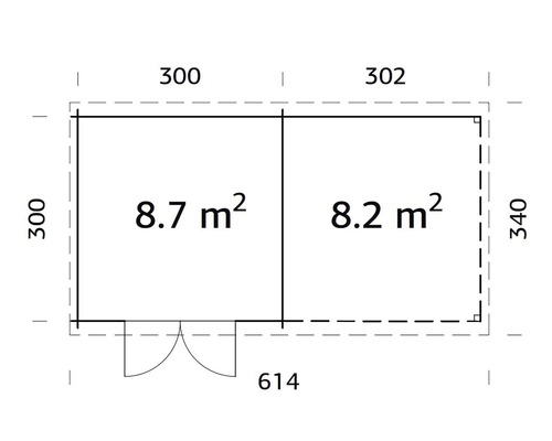 Grundrisszeichnung eines Gartenhauses mit Flächenangaben in Quadratmetern und Maßangaben in Zentimetern