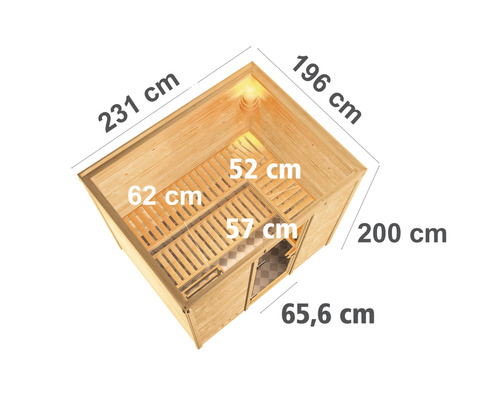 Vue de dessus d''un sauna avec indication des dimensions