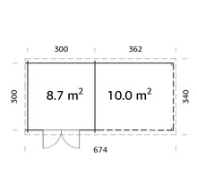 Gartenhaus Palmako Ella 8,7+10,0 m² inkl. Schleppdach mit Rückwand 674 x 340 cm natur