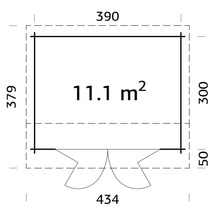 Grundriss mit den Massen 390, 379, 300, 50 und 434 sowie der Angabe 11,1 Quadratmeter