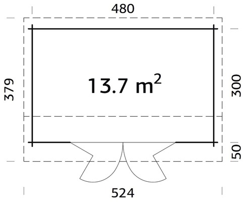 Grundriss eines Gartenhauses mit den Maßen 480 mal 379 Zentimeter und einer Fläche von 13,7 Quadratmetern