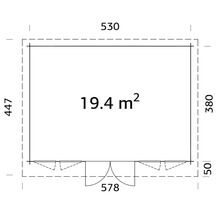 Grundrisszeichnung eines Gartenhauses mit den Maßen 530 mal 447 Zentimeter und einer Fläche von 19,4 Quadratmetern