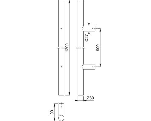 Technische Zeichnung eines Möbelgriffs mit Maßangaben