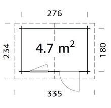 Grundriss eines Gartenhauses mit Tür, Fenster und Maßangaben