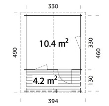 Grundrisszeichnung eines Gartenhauses mit Größenangaben.