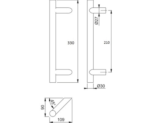 Technische Zeichnung eines Türgriffs mit Maßangaben
