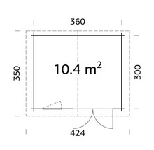 Grundrisszeichnung eines Gartenhauses mit den Maßen 360 mal 350 mal 300 und 424 Zentimeter, mit einer Fläche von 10,4 Quadratmetern