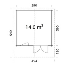 Grundriss eines Gartenhauses mit Maßangaben zu Fläche, Länge und Breite.