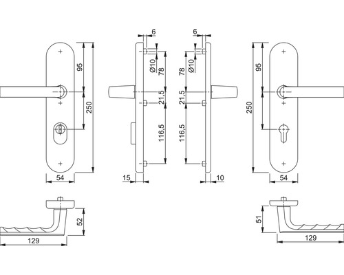 Technische Zeichnung eines Türdrückers mit Maßen