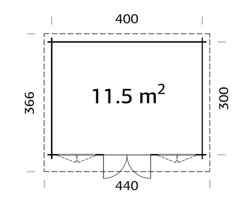 Grundrisszeichnung eines Gartenhauses mit Maßangaben