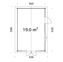 Plan d''un abri de jardin mesurant 360 x 598 cm, avec une surface de 19 mètres carrés.