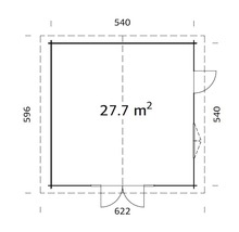 Plan d''un abri de jardin avec des dimensions de 540 x 596 cm et une surface de 27.7 m².