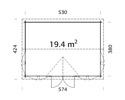 Grundrisszeichnung eines Gartenhauses mit Maßangaben
