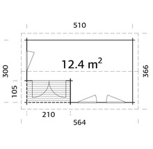 Grundrisszeichnung eines Gartenhauses mit einer Fläche von 12,4 Quadratmetern.