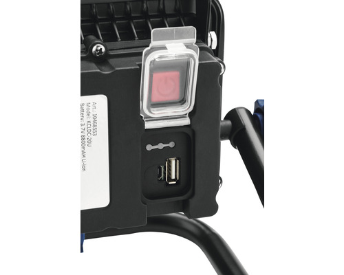 Detailansicht eines LED-Strahlers mit Schalter und USB-Anschluss