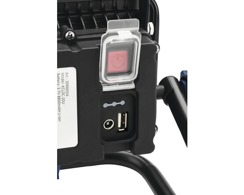 Vue détaillée d''une lampe de travail avec interrupteur, indicateur de charge et port USB