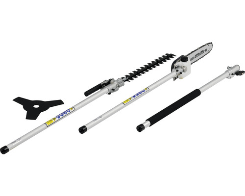 Outil de jardin multifonction avec accessoire de coupe-bordures, accessoire de taille-haies et accessoire d''élagueuse