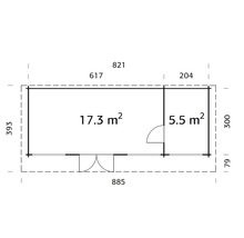 Grundrisszeichnung eines Gartenhauses mit Größenangaben
