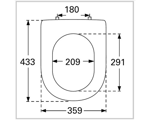 Technische Zeichnung eines Toilettendeckels mit Maßangaben