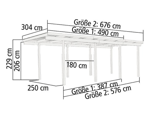 Technische Zeichnung eines Carports mit Maßangaben