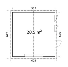 Grundriss eines Gartenhauses mit einer Fläche von 28,5 Quadratmetern