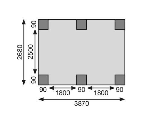 Technische Zeichnung mit Maßangaben: Länge 3870 mm, Breite 2680 mm