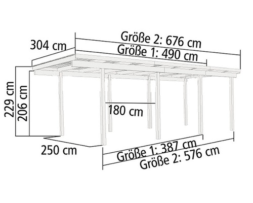Abmessungen eines Carports mit den Maßen 304 cm x 490 cm oder 676 cm, Höhe 229 cm, Tiefe 250 cm und Pfostenabstand 180 cm.