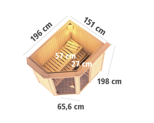 Draufsicht einer Sauna mit Größenangaben.