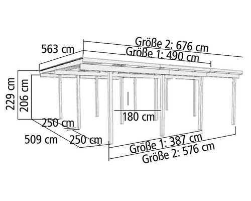 Maße einer Terrassenüberdachung mit verschiedenen Größenangaben.