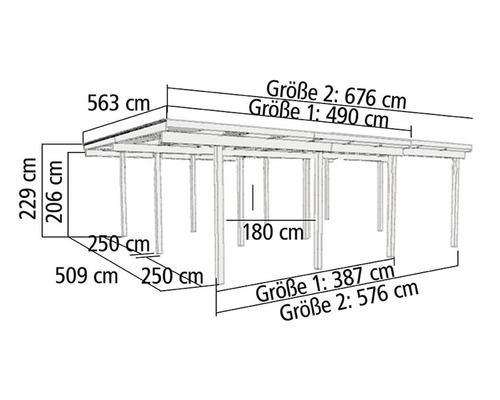 Abmessungen eines Carports mit Angaben in Zentimetern