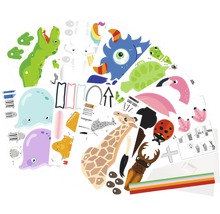 Feuilles avec des motifs pour fabriquer des animaux, dont un dinosaure, une girafe et un scarabée