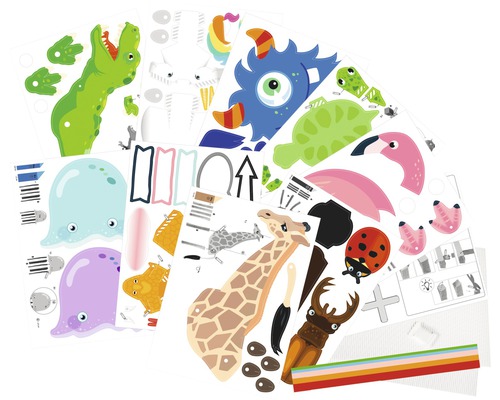 Feuilles avec des motifs pour fabriquer des animaux, dont un dinosaure, une girafe et un scarabée