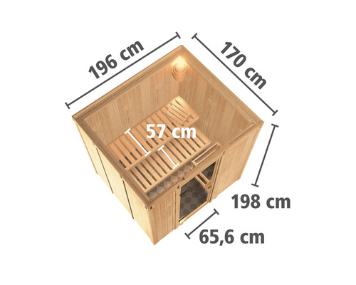 Vue intérieure d''un sauna en bois mesurant 196 cm sur 170 cm sur 198 cm