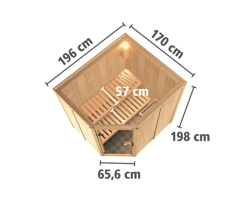 Vue de dessus d''un sauna d''angle avec des dimensions de 196 cm, 170 cm, 198 cm et 65,6 cm, y compris une surface de couchage de 57 cm
