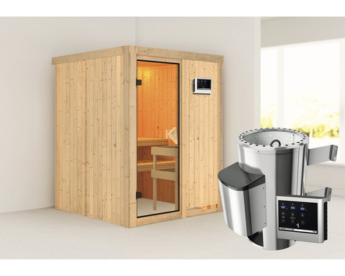 Sauna Plug & Play Karibu Sinja avec poêle 3,6 kW et commande ext. sans couronne avec porte entièrement vitrée coloris bronze