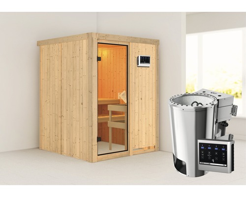 Sauna Plug & Play Karibu Sinja avec poêle bio 3,6 kW et commande ext. sans couronne avec porte entièrement vitrée coloris bronze