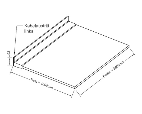 Technische Zeichnung einer Arbeitsplatte mit Kabelausgang links, 1000 Millimeter tief und 2800 Millimeter breit