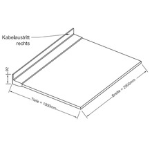 Technische Zeichnung einer Arbeitsplatte mit Kabelauslass rechts, 1000 mm tief und 2000 mm breit