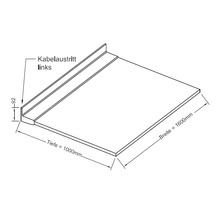 Illustration einer Tischplatte mit den Maßen 1000 mm Tiefe und 1600 mm Breite sowie Kabelauslass links