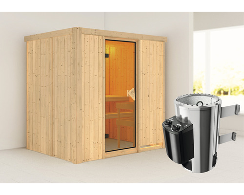 Sauna Plug & Play Karibu Wanja avec poêle 3,6 kW et commande intégrée sans couronne avec porte entièrement vitrée coloris bronze