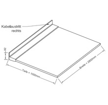 Technische Zeichnung einer Arbeitsplatte mit Kabelausgang rechts und den Maßen 2800 mm Breite und 1000 mm Tiefe