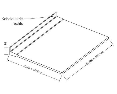 Technische Zeichnung einer Arbeitsplatte mit Kabelausgang rechts und den Maßen 2800 mm Breite und 1000 mm Tiefe