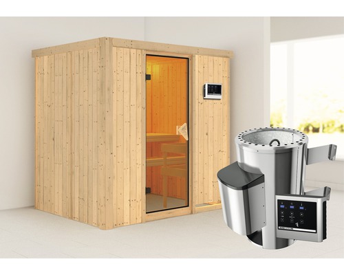 Sauna Plug & Play Karibu Wanja avec poêle 3,6 kW et commande ext. sans couronne avec porte entièrement vitrée coloris bronze