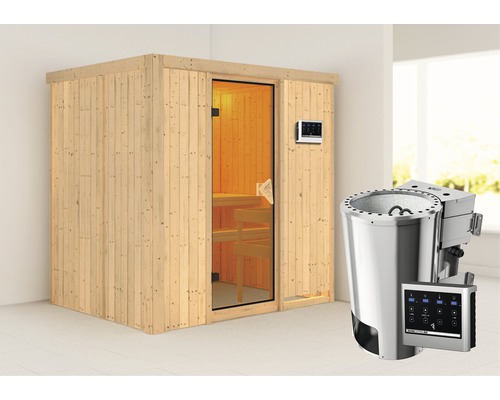 Sauna Plug & Play Karibu Wanja avec poêle bio 3,6 kW et commande ext. sans couronne avec porte entièrement vitrée coloris bronze