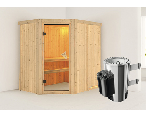 Sauna Plug & Play Karibu Laja avec poêle 3,6 kW et commande intégrée sans couronne avec porte entièrement vitrée coloris bronze