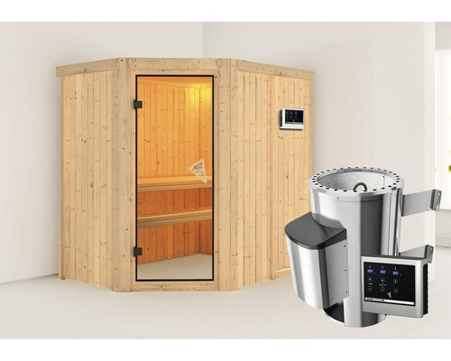 Sauna Plug & Play Karibu Laja avec poêle 3,6 kW et commande ext. sans couronne avec porte entièrement vitrée coloris bronze