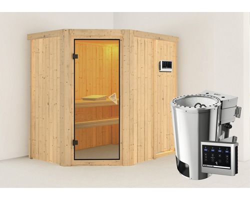 Sauna Plug & Play Karibu Laja avec poêle bio 3,6 kW et commande ext. sans couronne avec porte entièrement vitrée coloris bronze