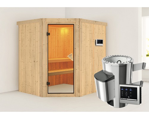 Sauna Plug & Play Karibu Silja avec poêle 3,6 kW et commande ext. sans couronne avec porte entièrement vitrée coloris bronze