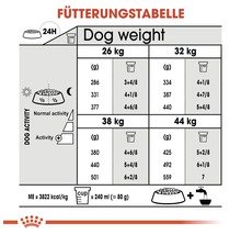 Fütterungstabelle für Hunde mit Angaben zu Gewicht und Futtermenge